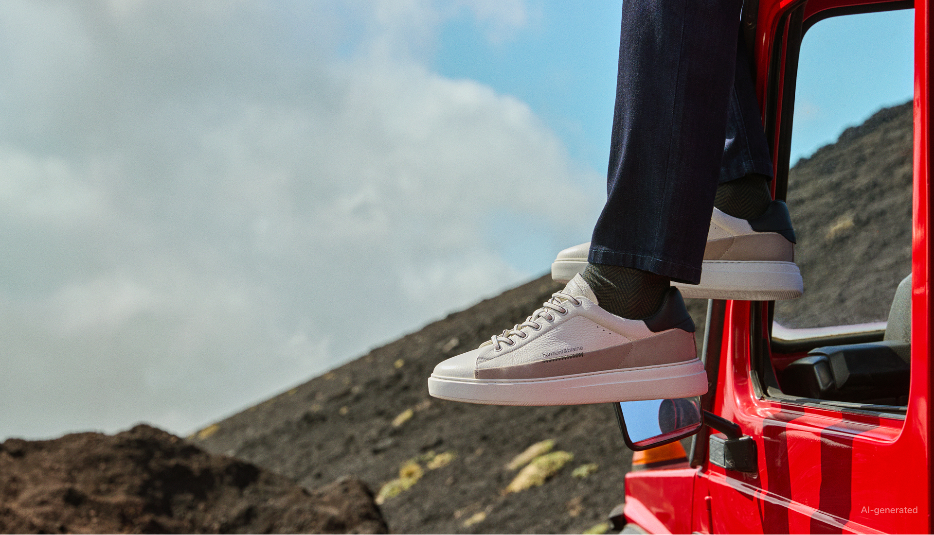 A close-up image of a person's legs wearing dark trousers sitting in the window frame of a red vehicle, with white and beige leather sneakers, against a background of dark rocky ground and cloudy sky.