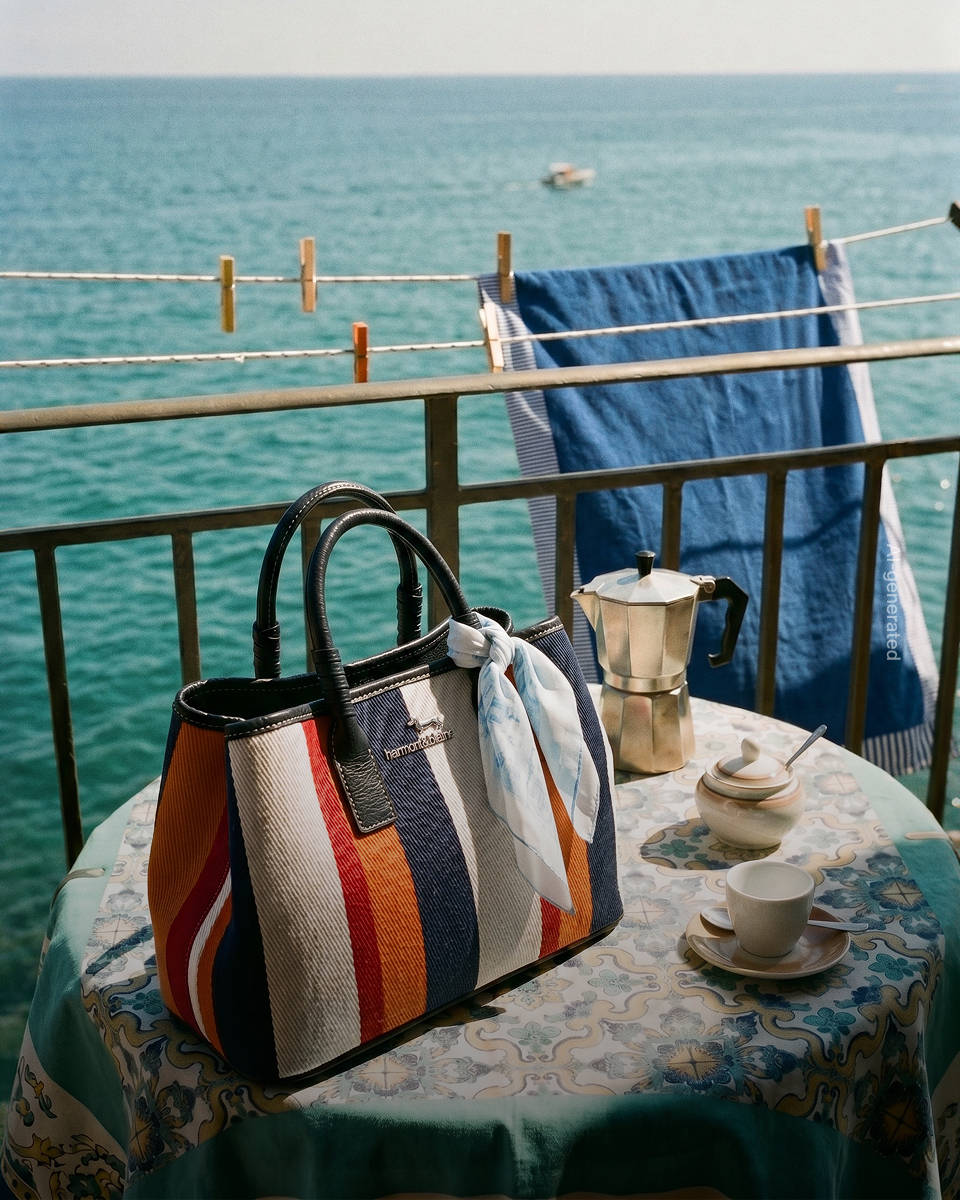 promotional image focused on the bags category (generated with artificial intelligence): a multi-colored striped fabric tote bag (white, navy blue, red, orange) with black leather handles sits on a round table covered in a blue and white geometric patterned tablecloth. the bag is decorated with a small light blue and white scarf tied to one handle. in the background, a moka coffee maker and a coffee cup can be seen on a balcony with a black railing overlooking the sea.