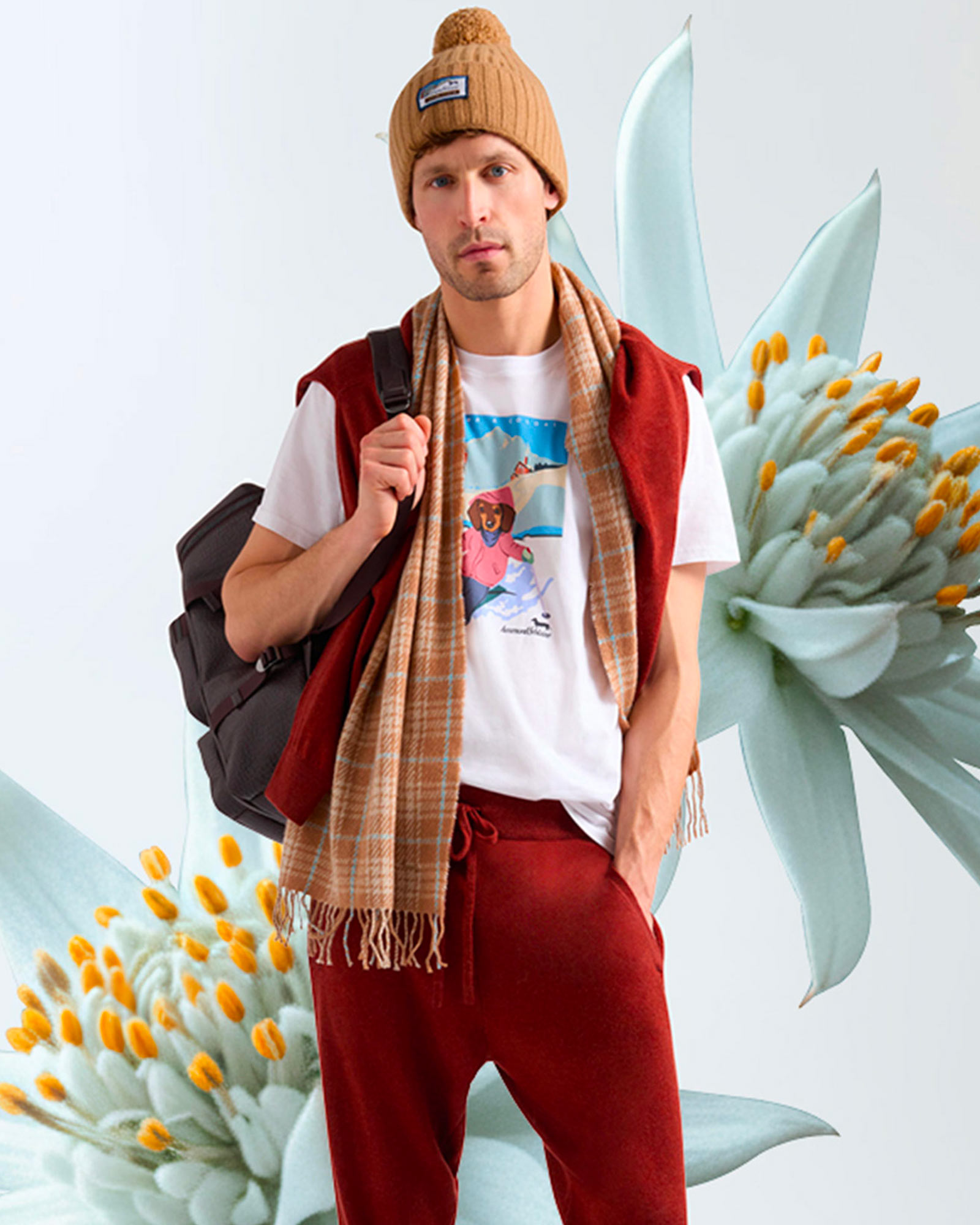 White T-shirt with graphic, macro floral backdrop.