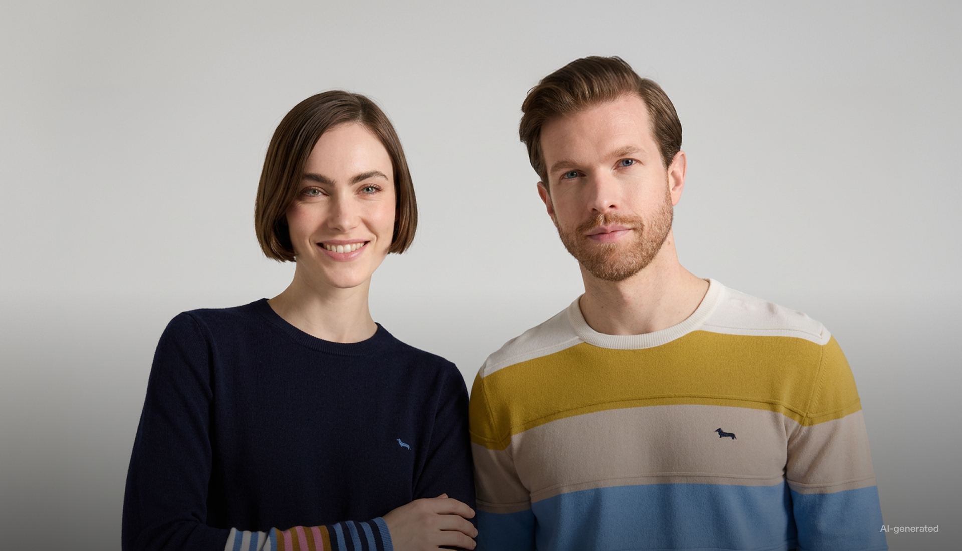 AI-generated campaign image for the FW26 collection, themed "Stripes for Her and for Him". The photo portrays a half-length shot of a woman and a man side by side against a neutral gray background. The smiling woman on the left, with a short brown bob, wears a dark blue crewneck sweater featuring multicolored striped cuffs in shades of pink, light blue, and ochre, with a small embroidered logo on the chest. The man on the right, with a beard and brown hair, sports a crewneck sweater with wide horizontal stripes in ochre, cream, and light blue, with the dachshund logo embroidered at the center of the chest.