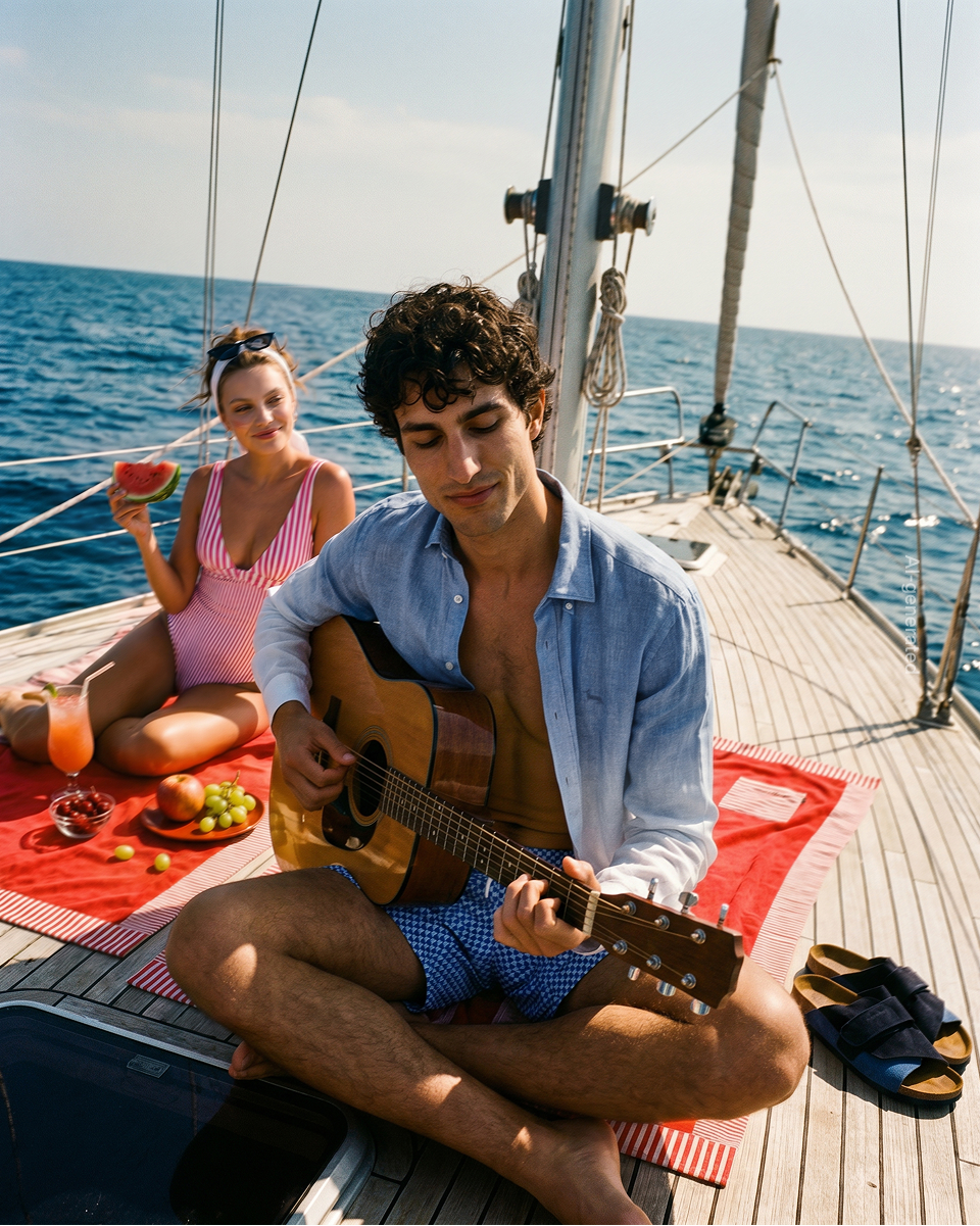 promotional image focused on beachwear (generated with artificial intelligence): on board a sailboat in the middle of the sea, a man sitting cross-legged on a red beach towel plays an acoustic guitar. he wears light blue patterned swim trunks and an unbuttoned light blue linen shirt. next to him, a woman in a pink and white striped one-piece swimsuit eats a slice of watermelon, with fresh fruit plates and a drink nearby.