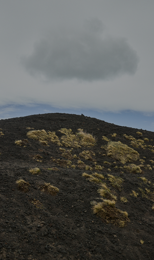 A volcanic landscape featuring a hill of dark volcanic sand and rock with small patches of dry grass, under a cloudy sky.