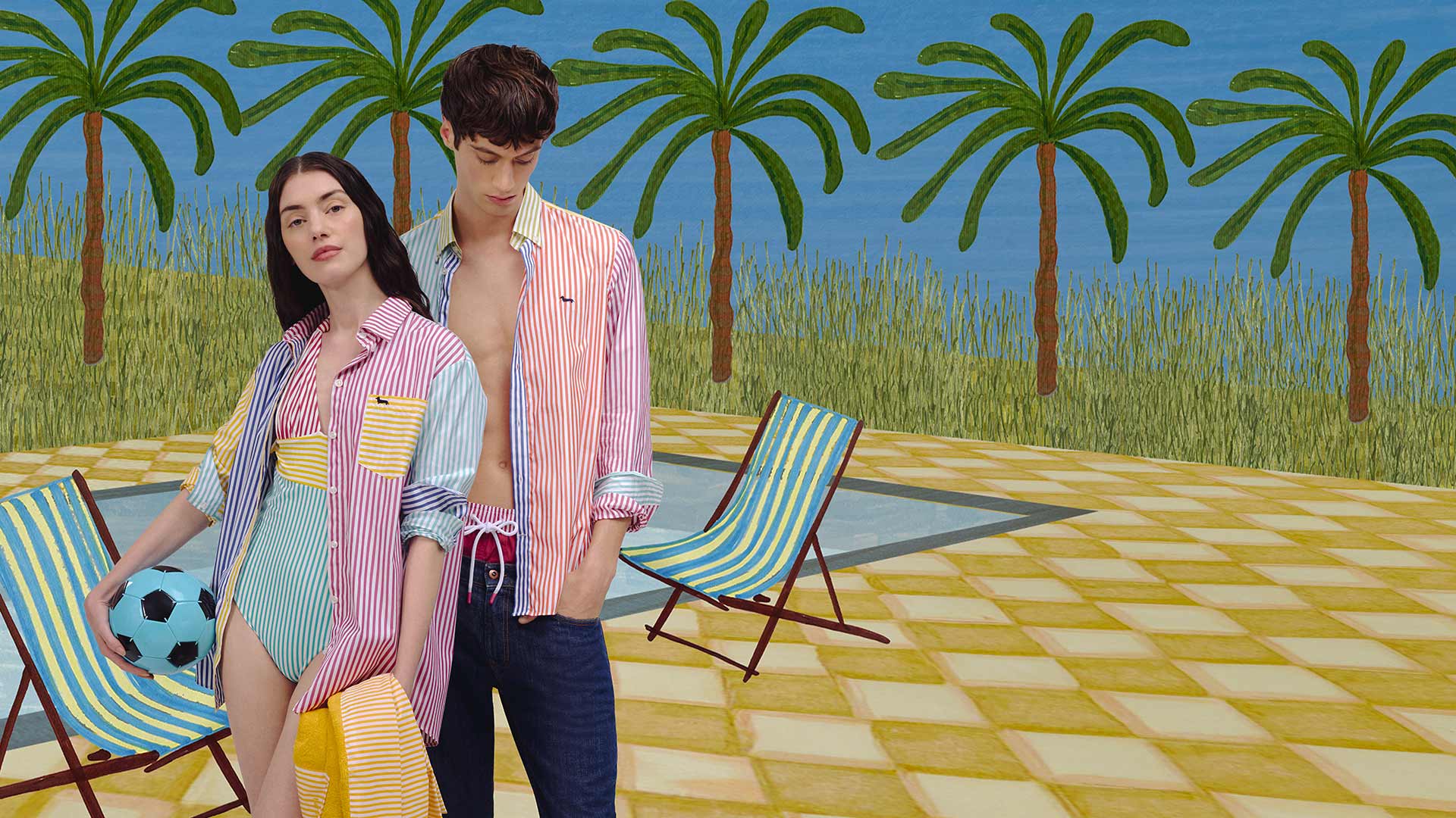 Man and woman in colorful striped shirts and beachwear, standing by a painted poolside with palm trees — playful and bold summer sale mood.
