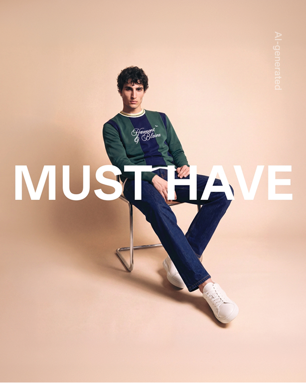 Uomo seduto su una sedia in stile moderno davanti a uno sfondo neutro beige, con la scritta promozionale maiuscola "MUST HAVE" in sovrimpressione; l'uomo indossa una maglia girocollo verde e blu scuro a blocchi di colore con logo ricamato sul petto, jeans scuri e sneakers bianche.