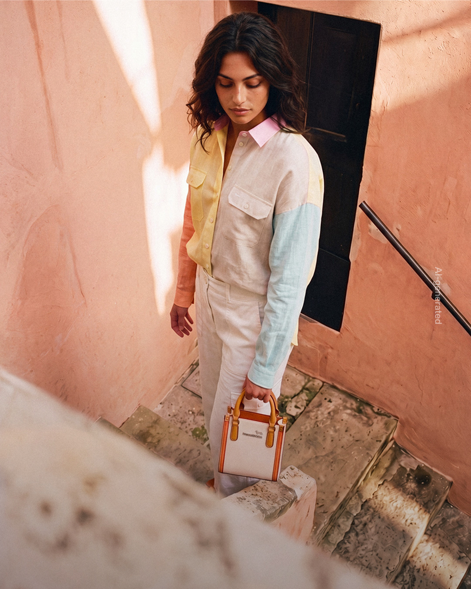 Woman walking down stone stairs against a terracotta pink wall, wearing a color-blocked long-sleeved linen shirt in pastel shades of yellow, pink, beige, and light blue with chest flap pockets, paired with high-waisted white trousers and a small canvas and leather handbag.