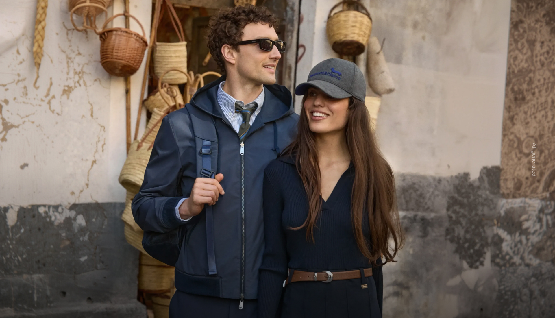 Promotional image for the Fall/Winter 2026 collection featuring a man and a woman side by side in front of a craft shop with hanging straw baskets; the man wears a dark blue hooded windbreaker, striped shirt, tie, and sunglasses, while the woman wears a dark blue ribbed sweater, brown leather belt, and a grey baseball cap with an embroidered logo.