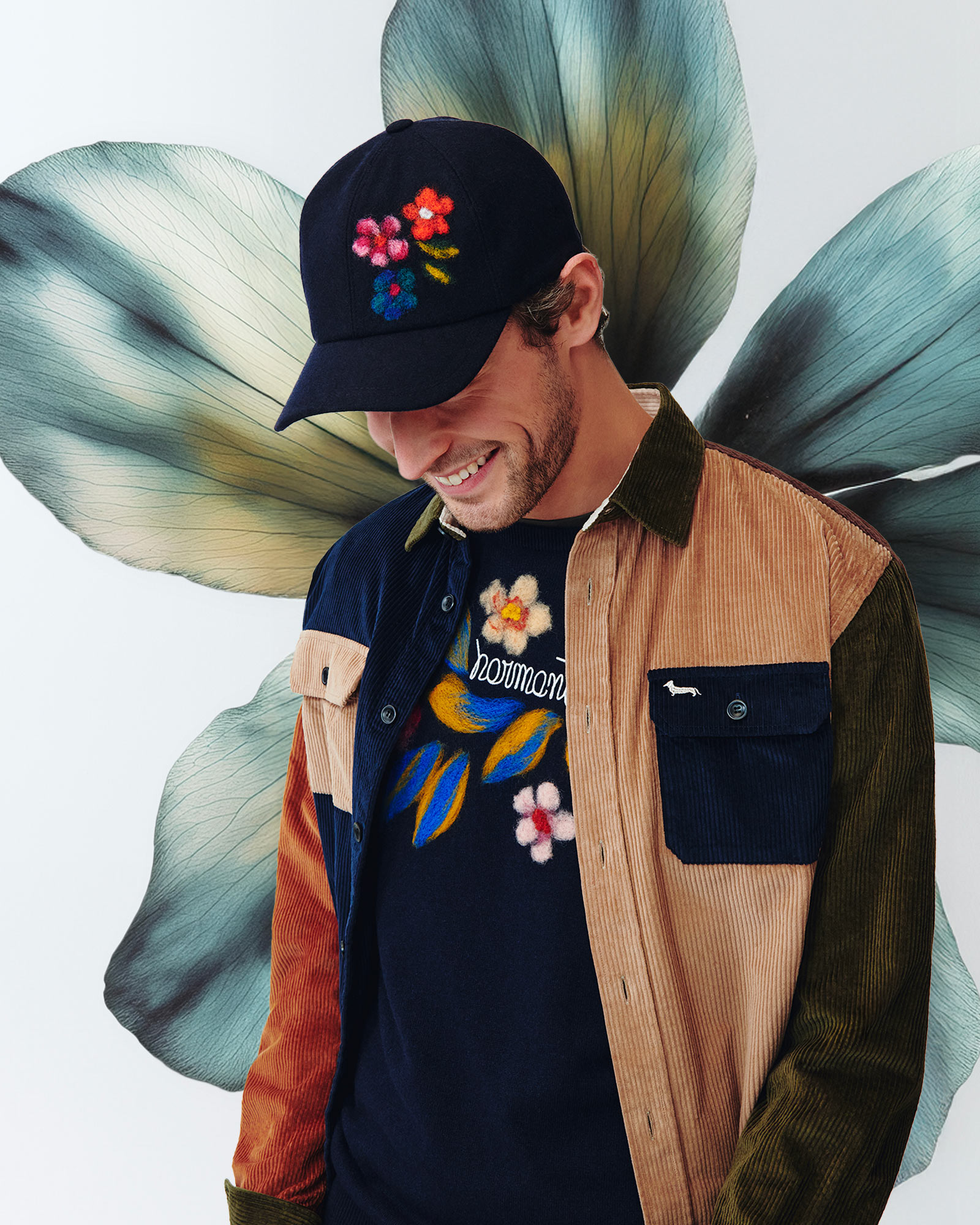 Fashion accessories with illustrated floral backdrop.