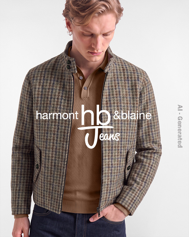 Questa immagine promozionale generata dall'IA per il focus hb jeans presenta un modello con capelli rossi che indossa una giacca a quadri testurizzati nei toni del beige, verde e blu, sopra una polo in maglia a costine marrone chiaro e jeans scuri, con il logo "harmont hb &blaine jeans" sovrapposto al centro.