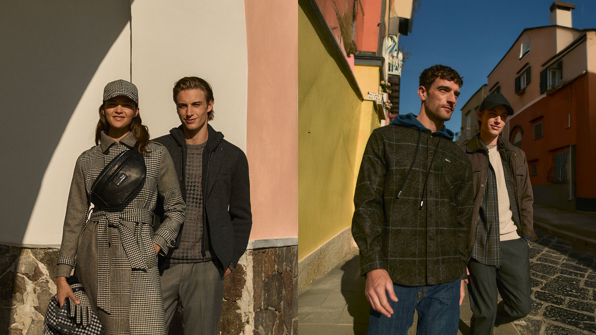 Winter looks: woman in houndstooth coat with man in dark jacket; two men in casual shirts and jackets walking in the street.