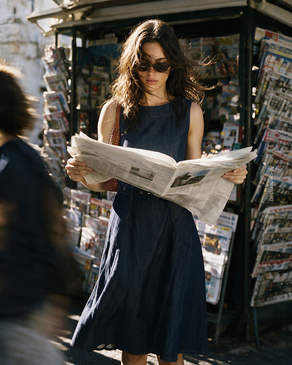Woman reading a newspaper outdoors in front of a newsstand, wearing a sleeveless dark blue denim midi dress with a belted waist and dark sunglasses.