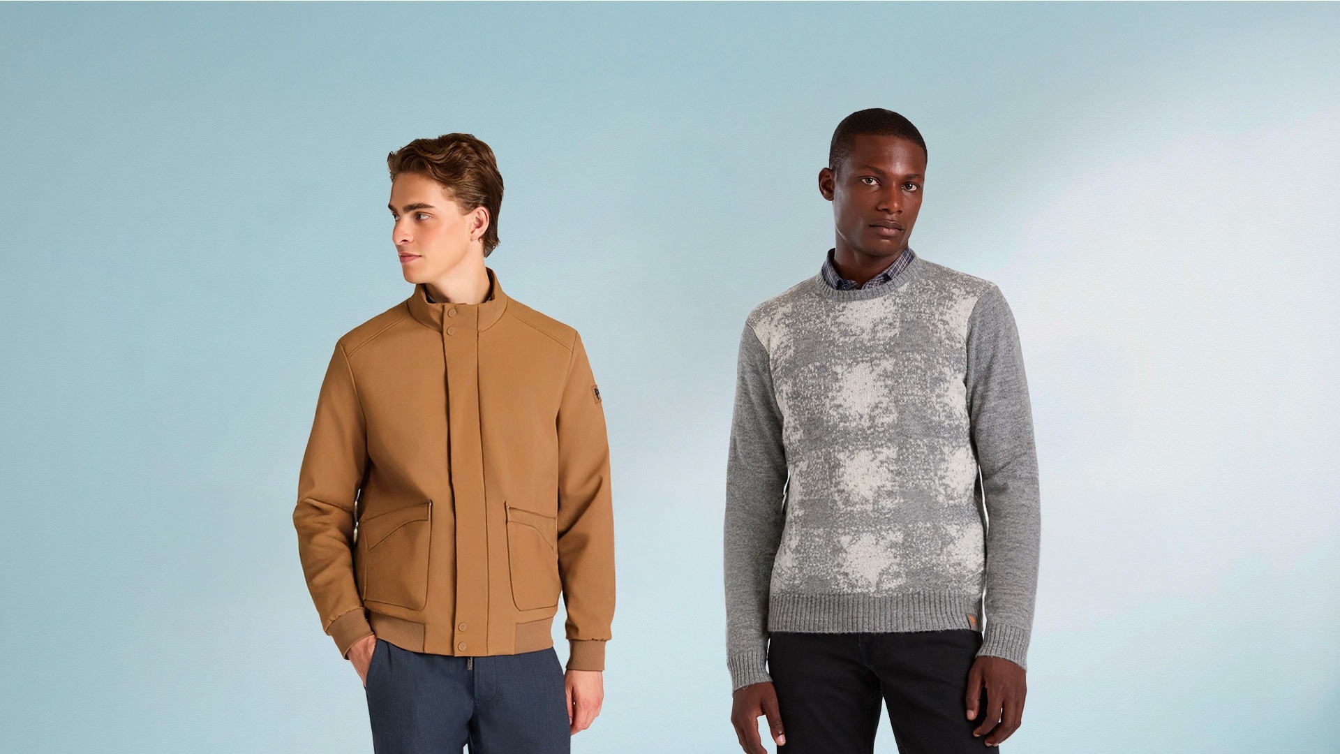 Felpa blu HBJ con logo ricamato e jeans scuri, immagine promozionale per i saldi HB Jeans.