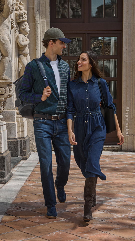 Promotional image for the Fall/Winter 2026 collection featuring a smiling man and woman walking side by side along a historic stone colonnade; the man wears a green and navy tartan cardigan over a white t-shirt, jeans, and an olive green baseball cap, while the woman wears a belted dark blue denim shirt dress, tall brown suede boots, and carries a black shoulder bag.