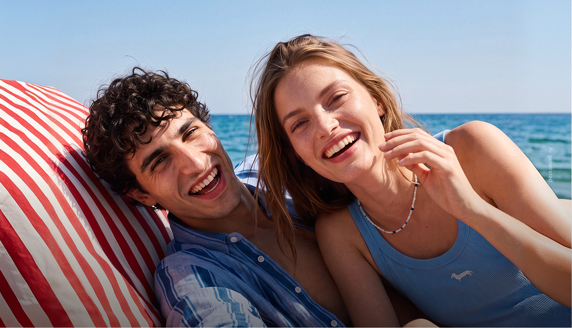 Main image for the Spring/Summer 2026 sales campaign features a smiling man and woman relaxing on the beach; the man has dark curly hair and wears an open blue striped shirt, while the woman wears a light blue ribbed tank top and a beaded necklace, with the blue sea in the background.