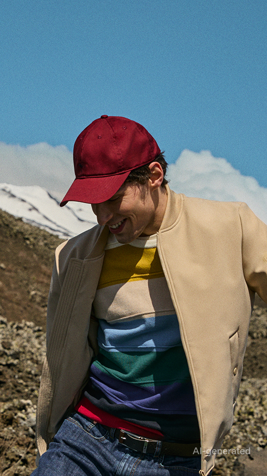 An image of a smiling man outdoors with a mountainous and volcanic landscape in the background. The man wears a burgundy baseball cap, an open beige bomber jacket, and a striped colorful sweater. He is looking downwards with an amused expression, in motion. The sky is blue with white clouds.