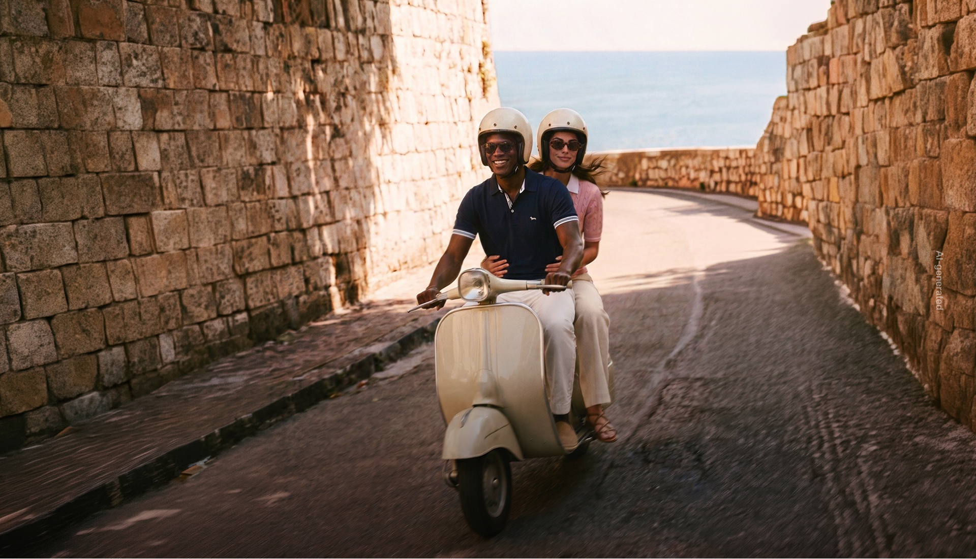 Promotional image focused on sales (generated with Artificial Intelligence): A smiling man and woman ride a vintage light-colored scooter along a scenic uphill road, bordered by ancient stone walls with the sea in the background. Both are wearing helmets and casual summer outfits: he wears a dark blue polo shirt and light-colored trousers, while she wears a pink top and light-colored trousers.