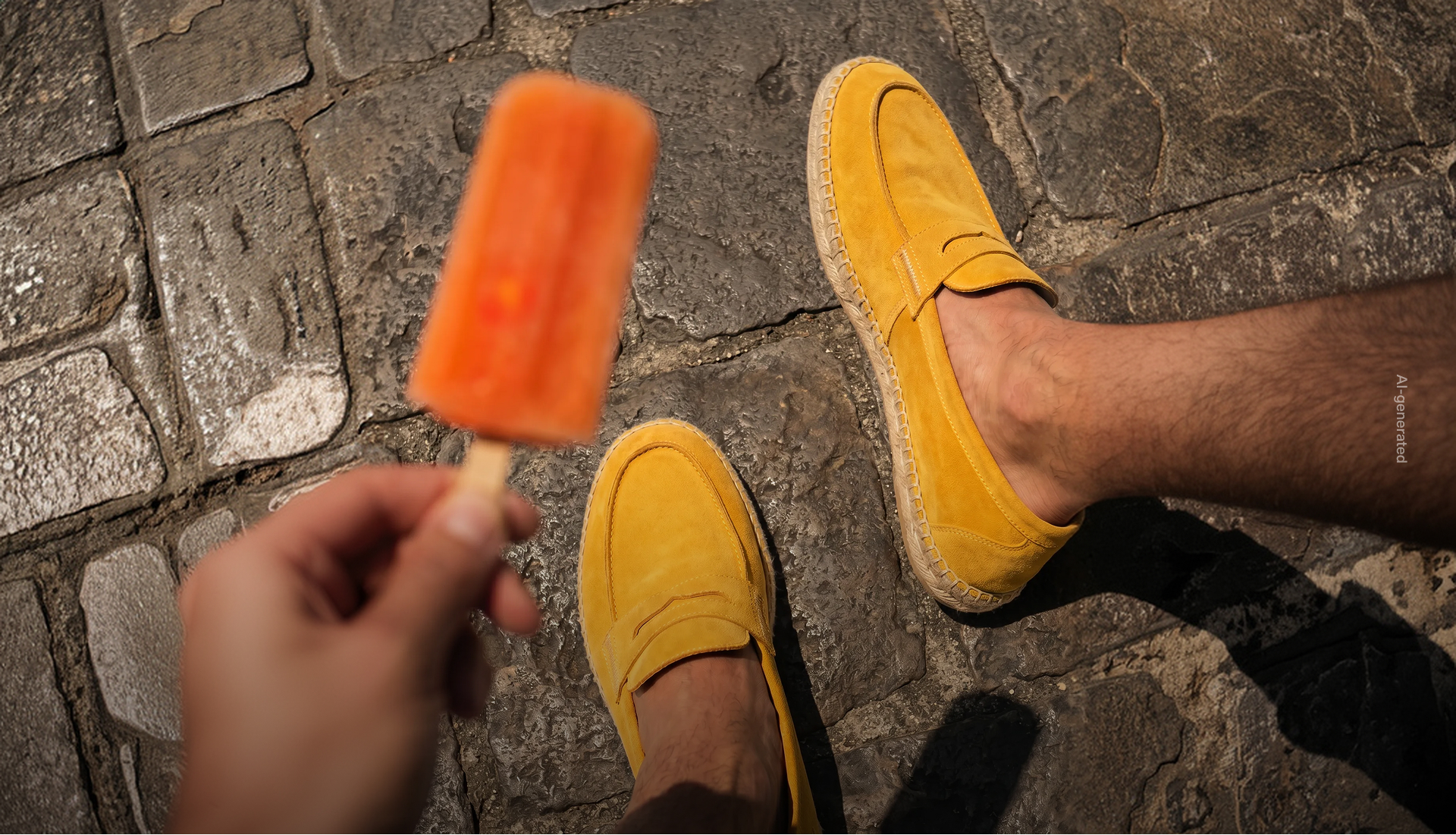 Promotional image focused on the men's footwear category (generated with artificial intelligence): a man standing on a stone floor wears a pair of bright yellow suede loafer shoes with a woven espadrille-style rope sole. in the foreground, a person's hand holds an orange popsicle.