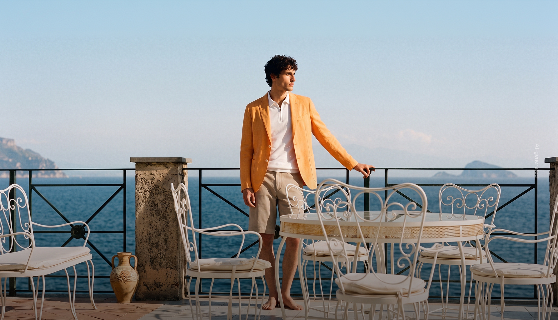 AI-generated promotional hero banner for the SS26 Sales featuring further markdowns up to 50% off: a model in an elegant pose wears an orange blazer, a white polo shirt, and beige bermuda shorts, standing barefoot on a panoramic Mediterranean terrace overlooking the sea. White wrought-iron chairs and a table, and a terracotta amphora are visible in the foreground.