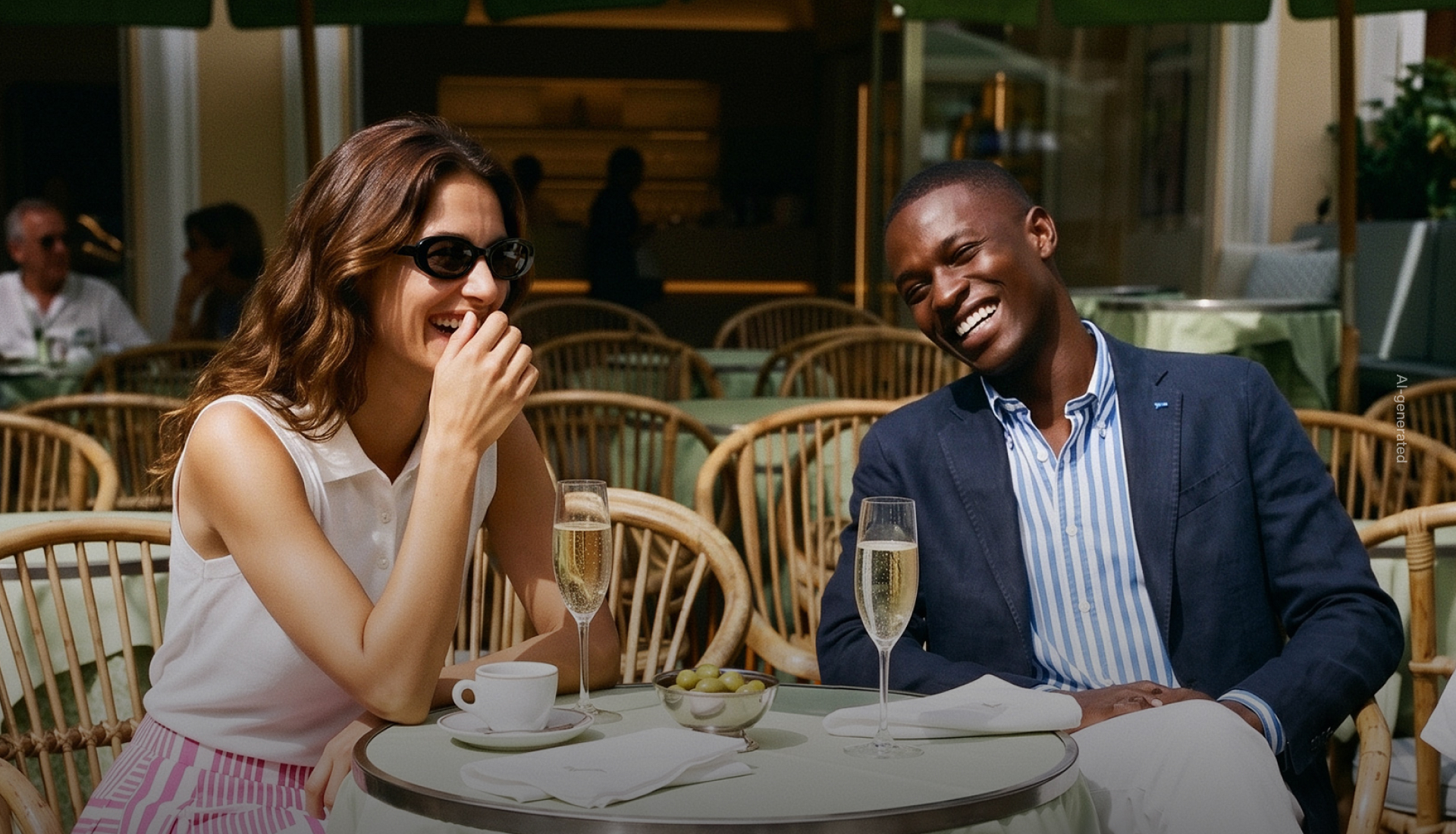 A woman in sunglasses and a white sleeveless top laughs at an outdoor cafe table with a smiling man in a navy blazer and striped shirt, enjoying two glasses of sparkling wine.
