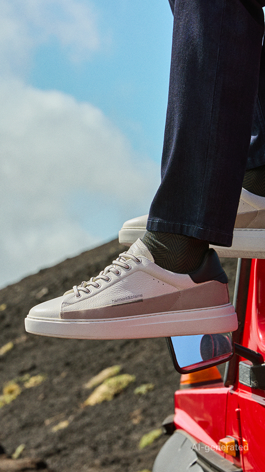 A close-up image of a person's legs wearing dark trousers sitting in the window frame of a red vehicle, with white and beige leather sneakers, against a background of dark rocky ground and cloudy sky.