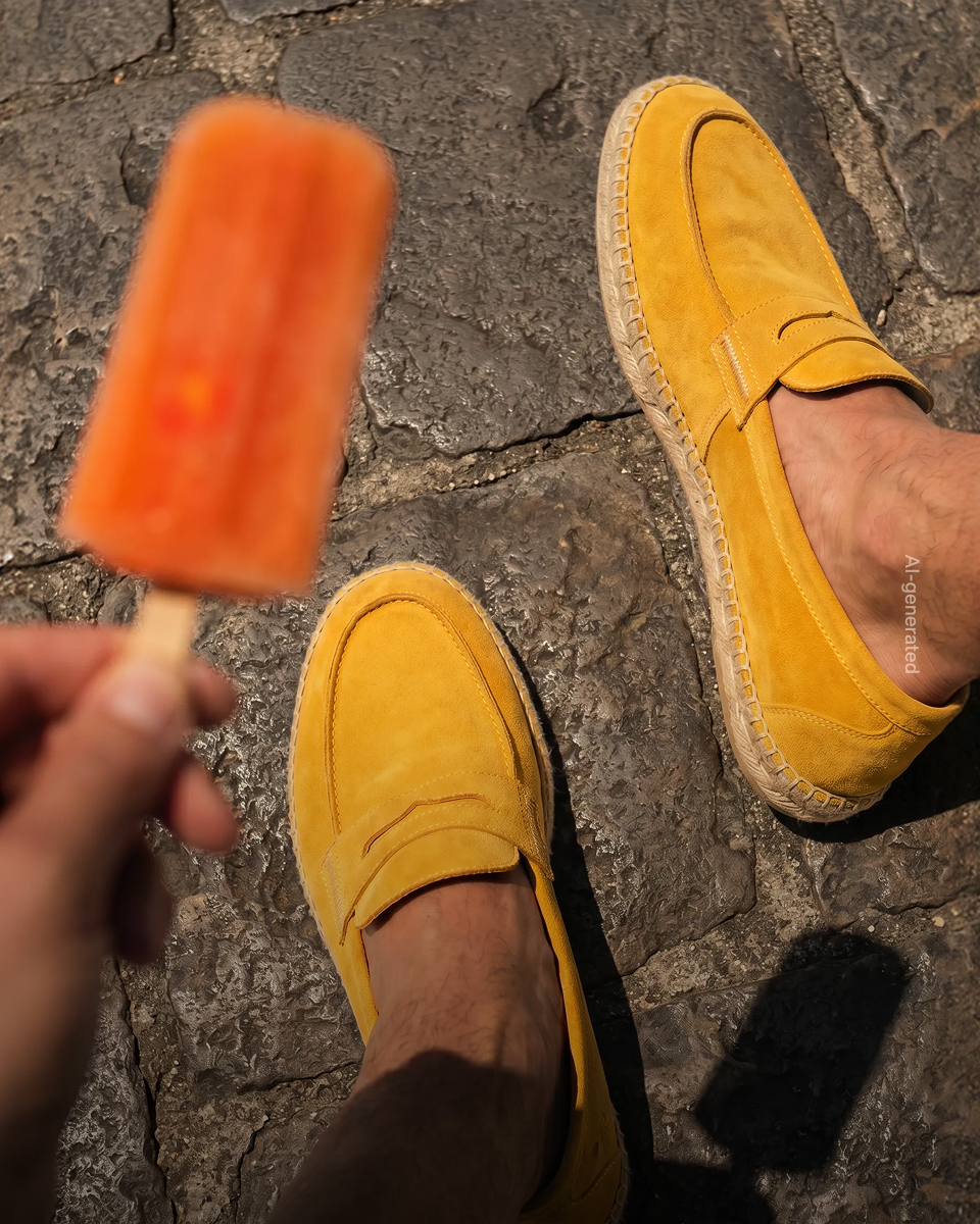 Promotional image focused on the men's footwear category (generated with artificial intelligence): a man standing on a stone floor wears a pair of bright yellow suede loafer shoes with a woven espadrille-style rope sole. in the foreground, a person's hand holds an orange popsicle.