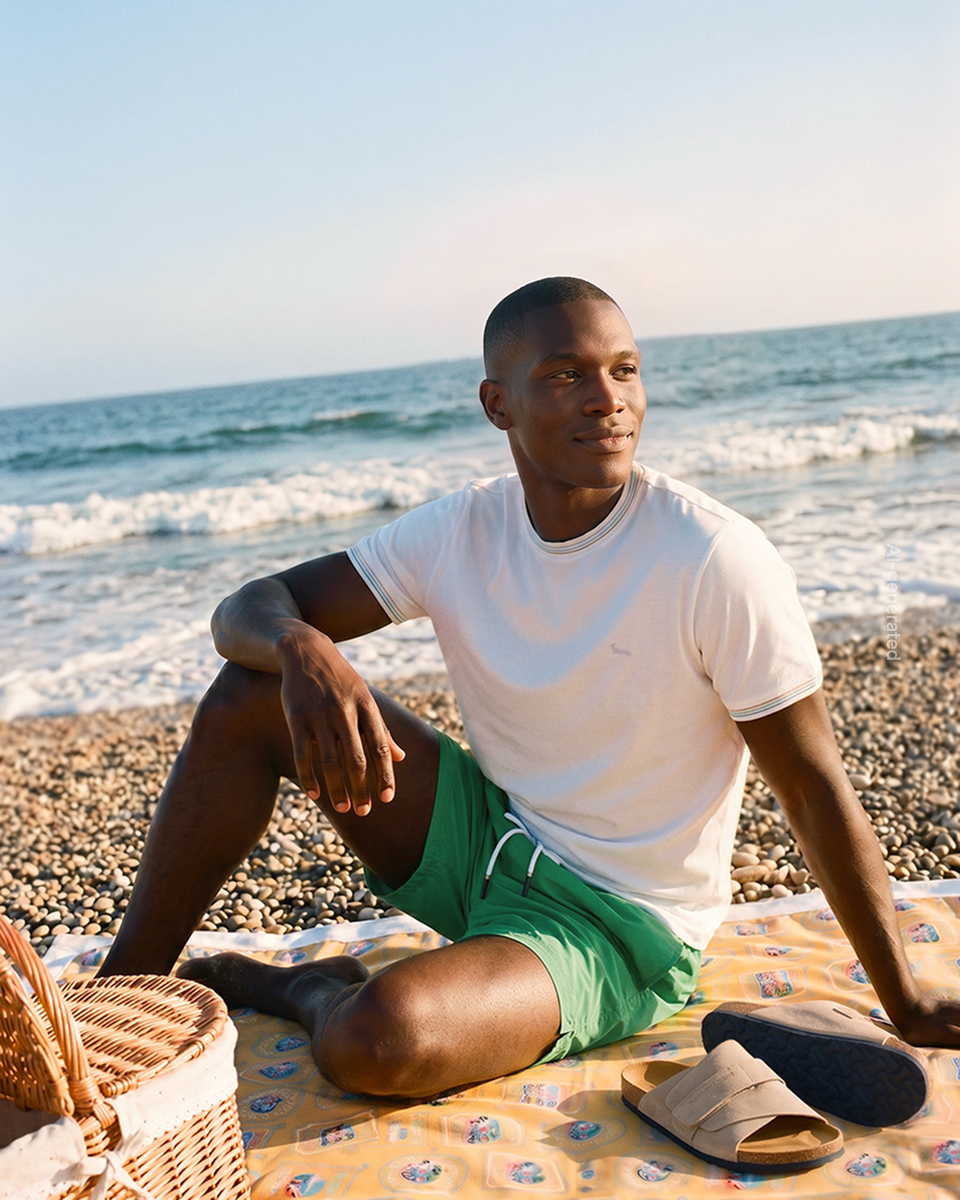 Male model sitting on a beach towel on a pebble shore wearing a white crew-neck t-shirt with subtle striped detailing on the collar and cuffs, paired with green shorts and beige slide sandals, set against a sea background.