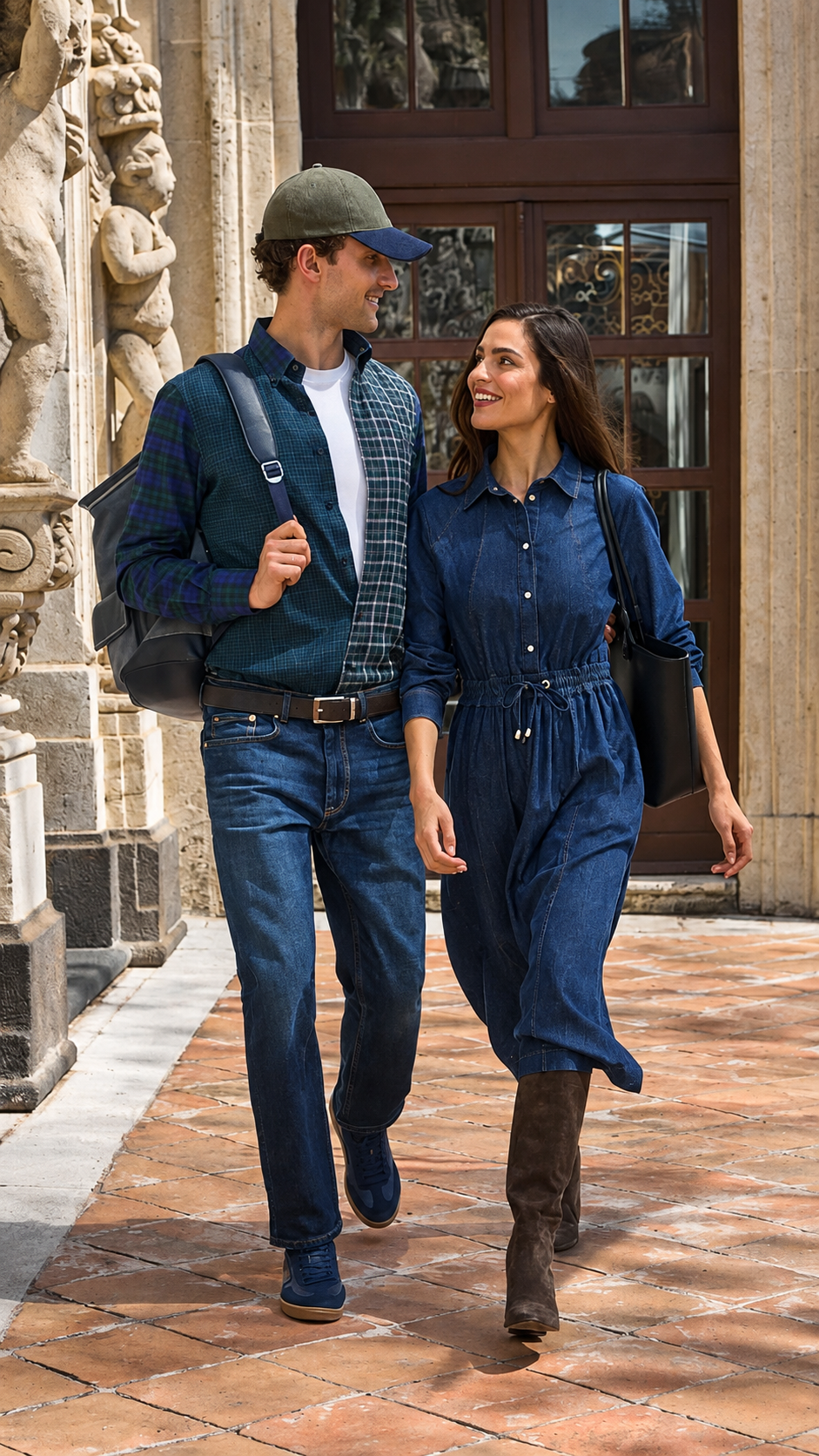 Promotional image for the Fall/Winter 2026 collection featuring a smiling man and woman walking side by side along a historic stone colonnade; the man wears a green and navy tartan cardigan over a white t-shirt, jeans, and an olive green baseball cap, while the woman wears a belted dark blue denim shirt dress, tall brown suede boots, and carries a black shoulder bag.