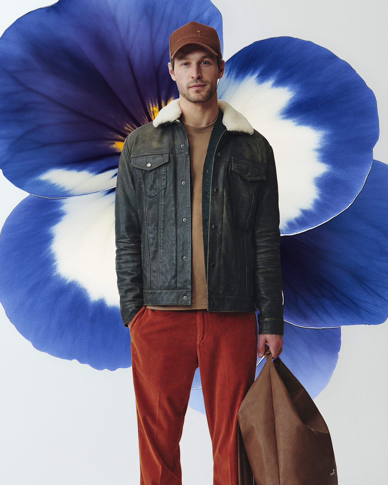 Hombre con chaqueta de cuero oscura y pantalones de pana marrones.