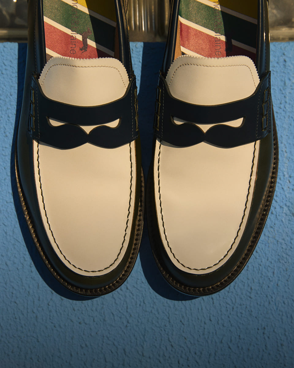 Cropped shot of Made in Italy loafers on a blue background