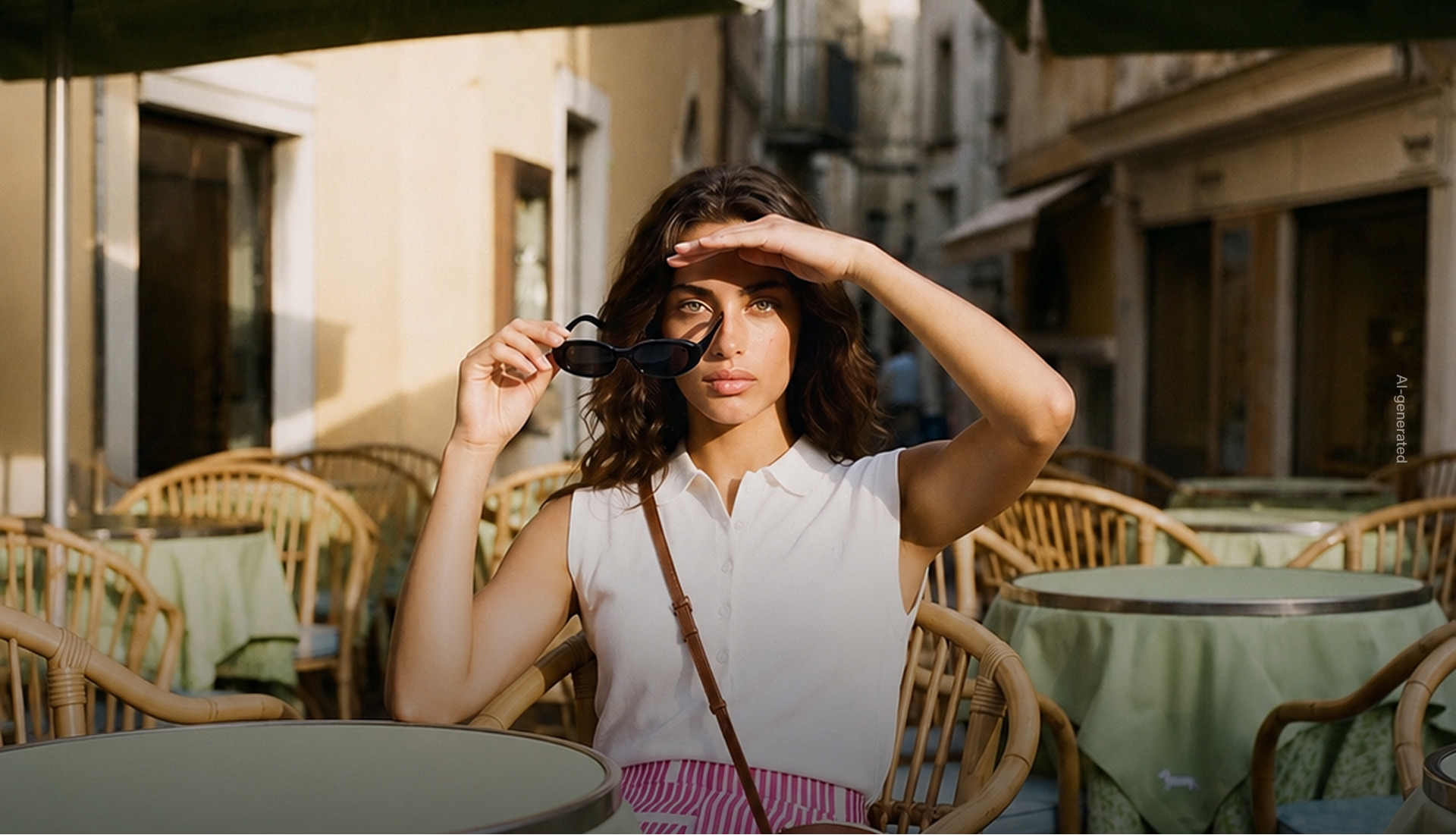 promotional image (generated with artificial intelligence) focused on sales: a close-up of a young woman with wavy brown hair and light eyes, sitting at a table in an outdoor caf&eacute; in an italian village. she wears a white sleeveless polo shirt, white and pink striped shorts, and a brown leather crossbody bag. she raises her right hand to shade her eyes from the sun and holds dark sunglasses in her other hand. the background features bamboo tables and chairs with green tablecloths and old buildings.