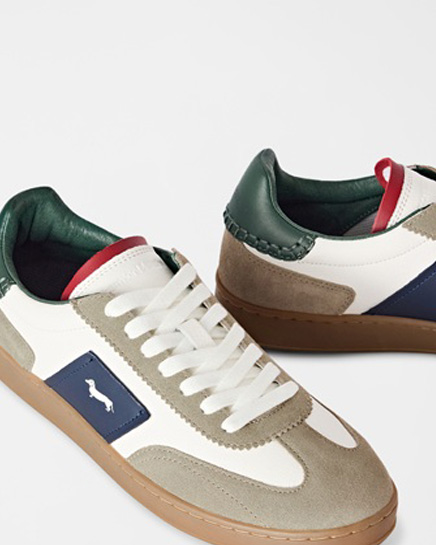 Un paio di sneakers sportive da uomo Harmont & Blaine con tomaia multicolore in pelle e dettagli in suede beige, grigio e bordeaux, impreziosite dal logo con il bassotto laterale, in un'immagine focalizzata sulla categoria calzature uomo.