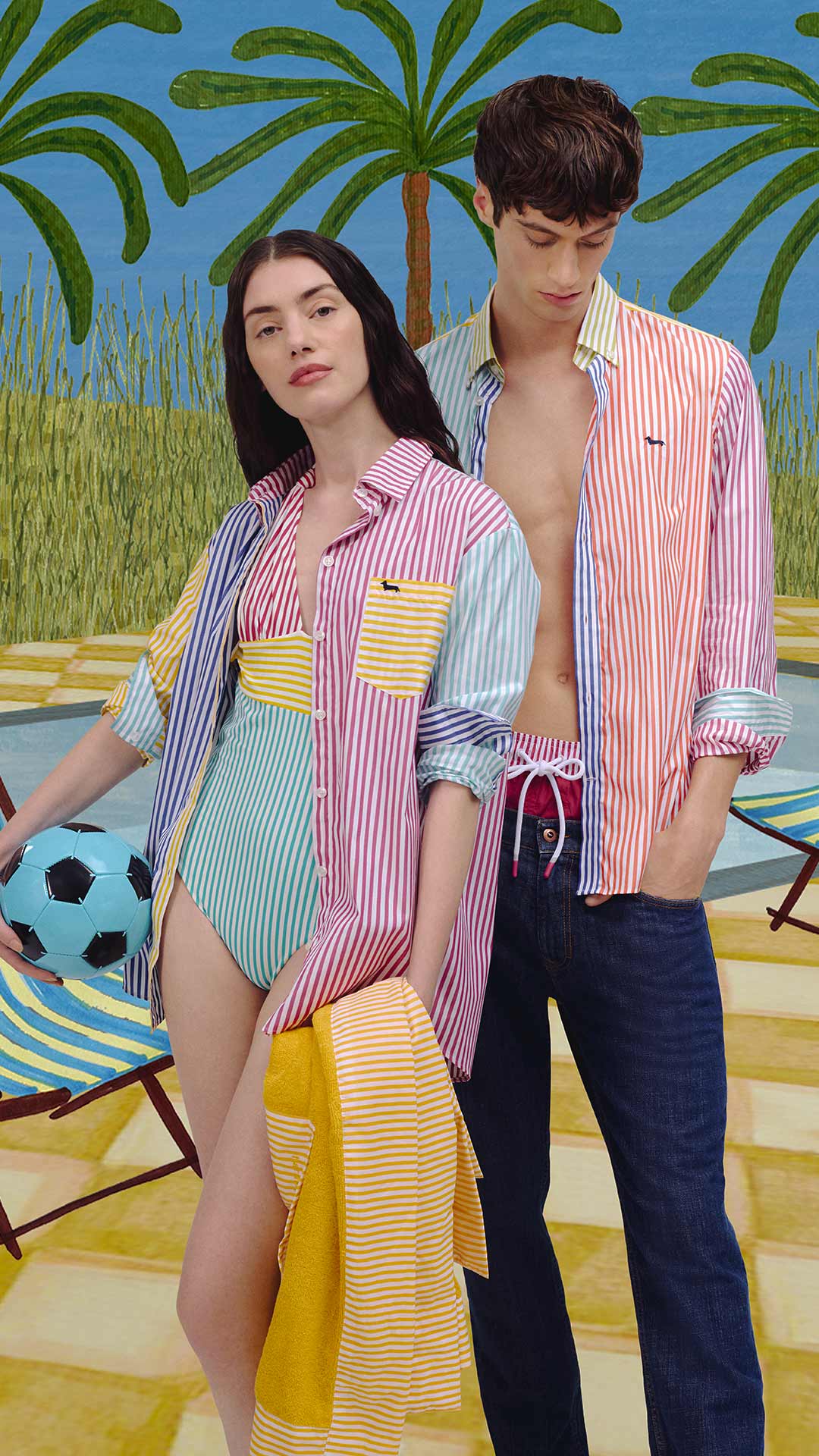 Man and woman in colorful striped shirts and beachwear, standing by a painted poolside with palm trees — playful and bold summer sale mood.