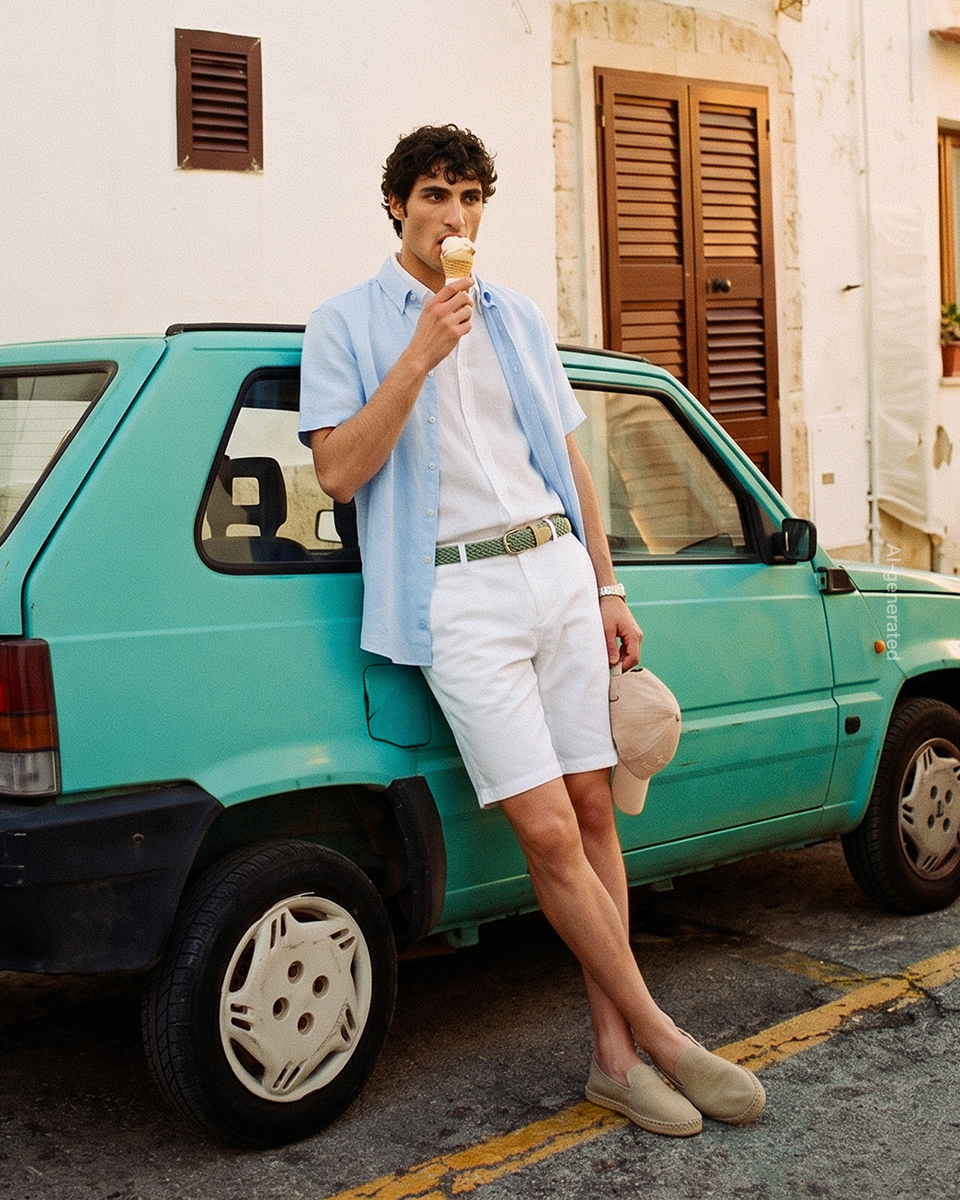 promotional image (generated with artificial intelligence) focused on bermuda shorts: a man with curly brown hair stands leaning against an old turquoise car in a mediterranean village, eating an ice cream cone. he wears an open light blue shirt over a white t-shirt, white bermuda shorts with a green woven belt, and beige espadrilles.