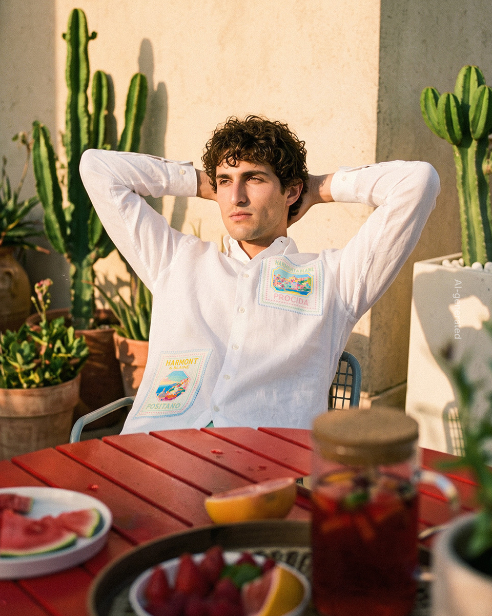 Male model sitting on an outdoor terrace surrounded by cacti, resting his hands behind his head, wearing a white long-sleeved linen shirt decorated with colorful Italian coastline-themed patches in shades of pink and yellow.