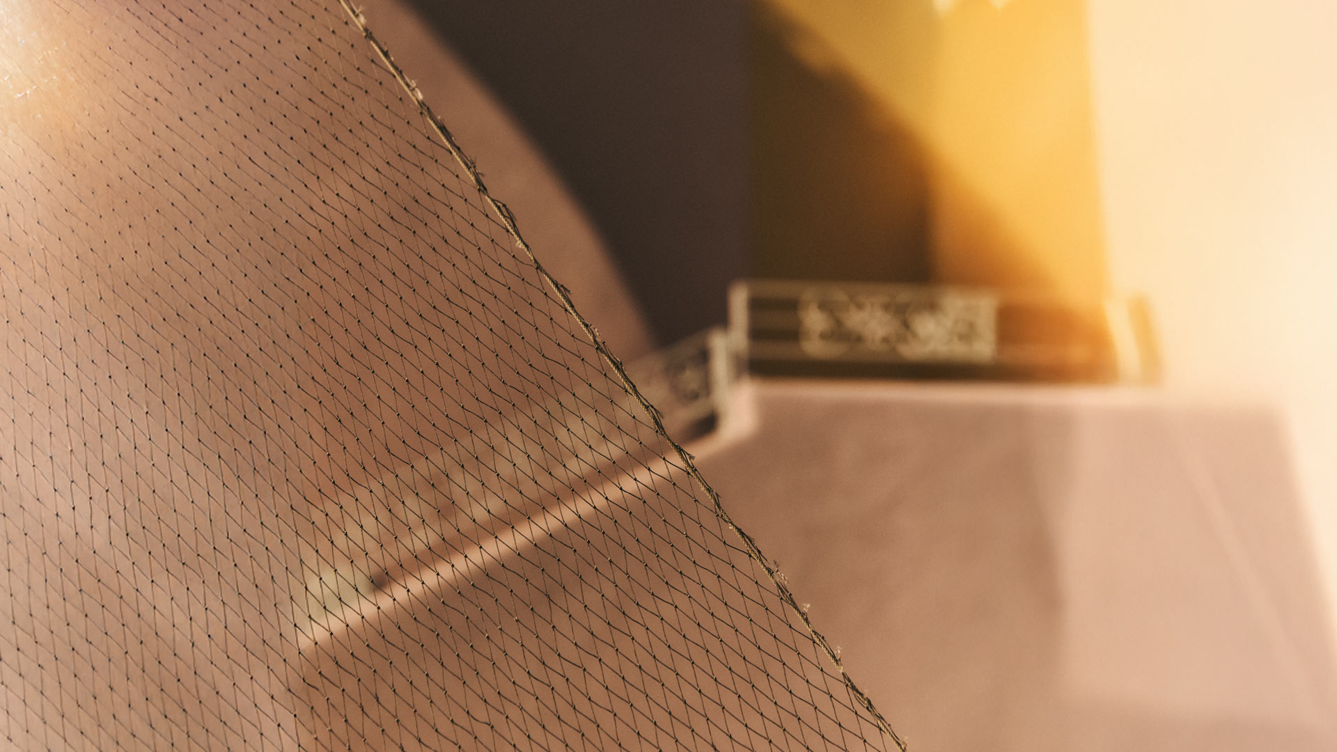 Fishing net angled and lit by warm light.