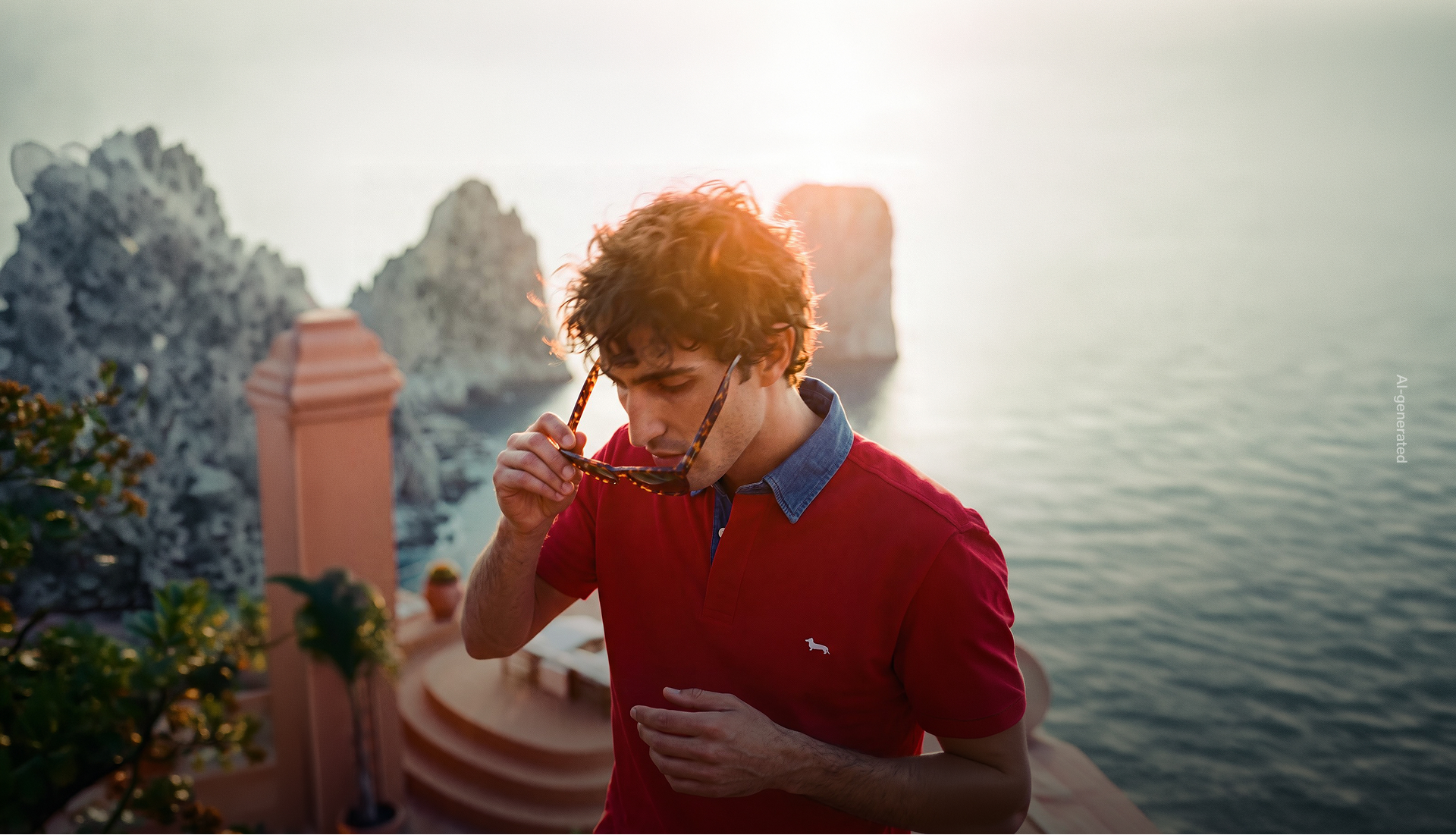 Promotional image (generated with artificial intelligence) focused on sales: a man with curly brown hair poses on a panoramic terrace in capri, overlooking the faraglioni rocks at sunset. he wears a bright red short-sleeved polo shirt featuring a light blue denim collar and a small white embroidered dachshund logo on the chest. he is looking down while adjusting a pair of tortoiseshell sunglasses.