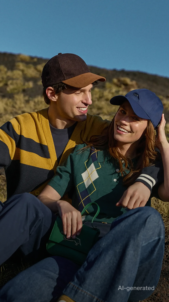 This is a campaign image for Harmont & Blaine's Fall/Winter 2026 preview. The image shows a young couple sitting close together outdoors on a grassy, rocky slope under a clear blue sky. The man on the left is wearing a mustard and dark blue color-block ribbed cardigan with contrasting trim on the cuffs, a two-tone brown and light brown cap, and dark trousers. The woman on the right has an arm around the man's shoulders and is wearing a green short-sleeved polo shirt with a cream and dark blue geometric argyle pattern, paired with a dark blue baseball cap. Both are smiling and looking toward the horizon, conveying a mood of happy, relaxed intimacy.