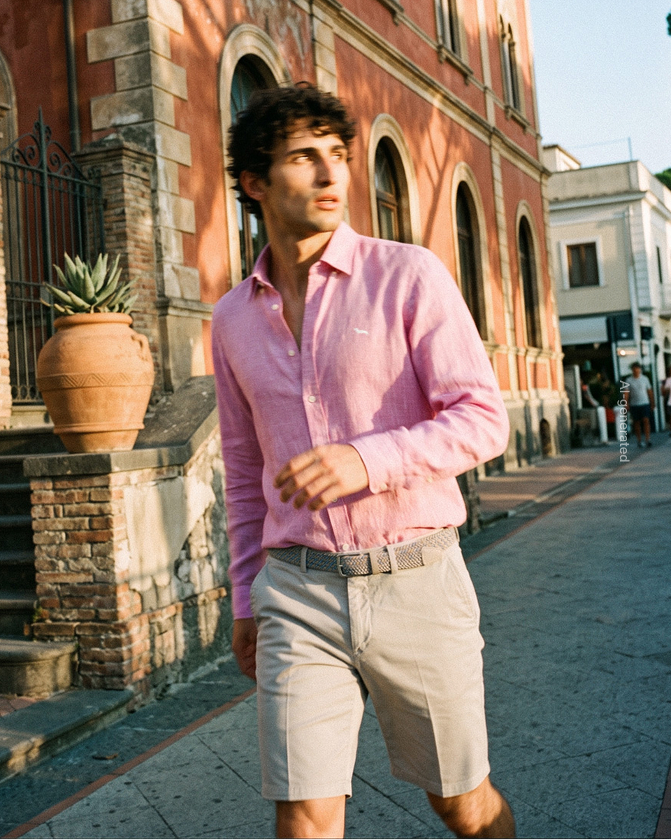 Promotional image focused on the men's shirts category (generated with artificial intelligence): a man walks along a city sidewalk in front of a historic building. he wears a pink long-sleeved linen shirt, unbuttoned at the collar, with the white embroidered dachshund logo on the chest. the look is completed with light beige bermuda shorts and a woven belt.