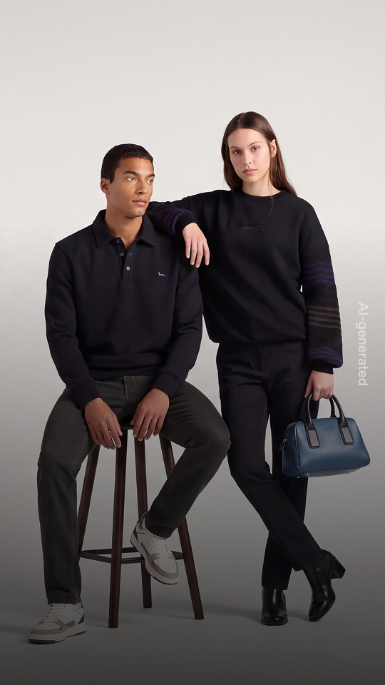 This studio promotional image features a man and a woman dressed in sleek, contemporary total black outfits, posed at the center against a neutral gradient backdrop. The man sits on a stool wearing a polo sweater and dark trousers, while the woman stands next to him in a dark sweatshirt, matching trousers, and holding a blue handbag. The primary focus of the visual is to preview the coming soon launch of the Harmont & Blaine Black Friday campaign through a refined, high-impact aesthetic.