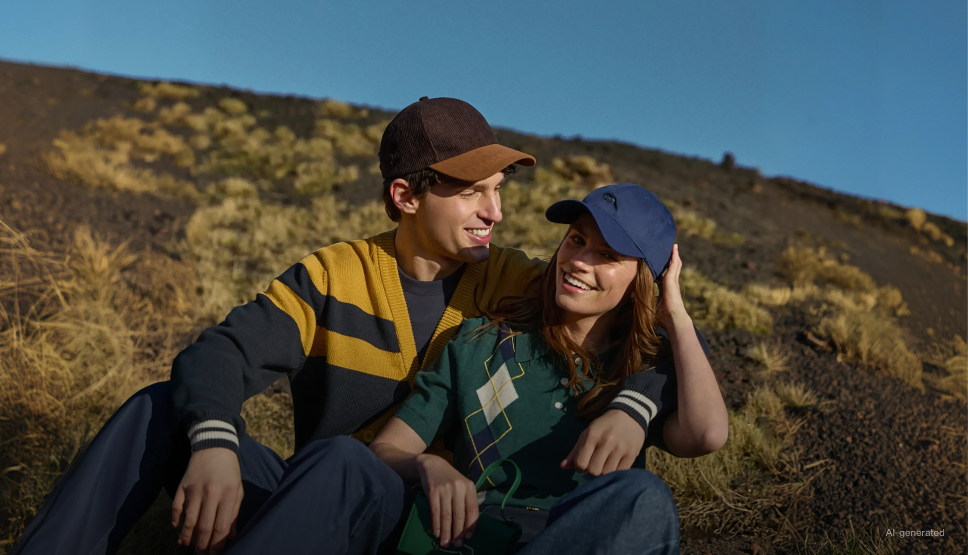 This is a campaign image for Harmont & Blaine's Fall/Winter 2026 preview. The image shows a young couple sitting close together outdoors on a grassy, rocky slope under a clear blue sky. The man on the left is wearing a mustard and dark blue color-block ribbed cardigan with contrasting trim on the cuffs, a two-tone brown and light brown cap, and dark trousers. The woman on the right has an arm around the man's shoulders and is wearing a green short-sleeved polo shirt with a cream and dark blue geometric argyle pattern, paired with a dark blue baseball cap. Both are smiling and looking toward the horizon, conveying a mood of happy, relaxed intimacy.