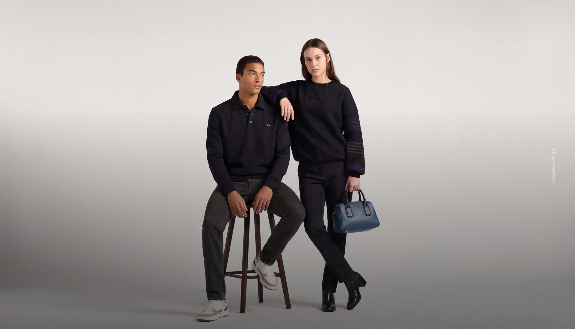 This studio promotional image features a man and a woman dressed in sleek, contemporary total black outfits, posed at the center against a neutral gradient backdrop. The man sits on a stool wearing a polo sweater and dark trousers, while the woman stands next to him in a dark sweatshirt, matching trousers, and holding a blue handbag. The primary focus of the visual is to preview the coming soon launch of the Harmont & Blaine Black Friday campaign through a refined, high-impact aesthetic.