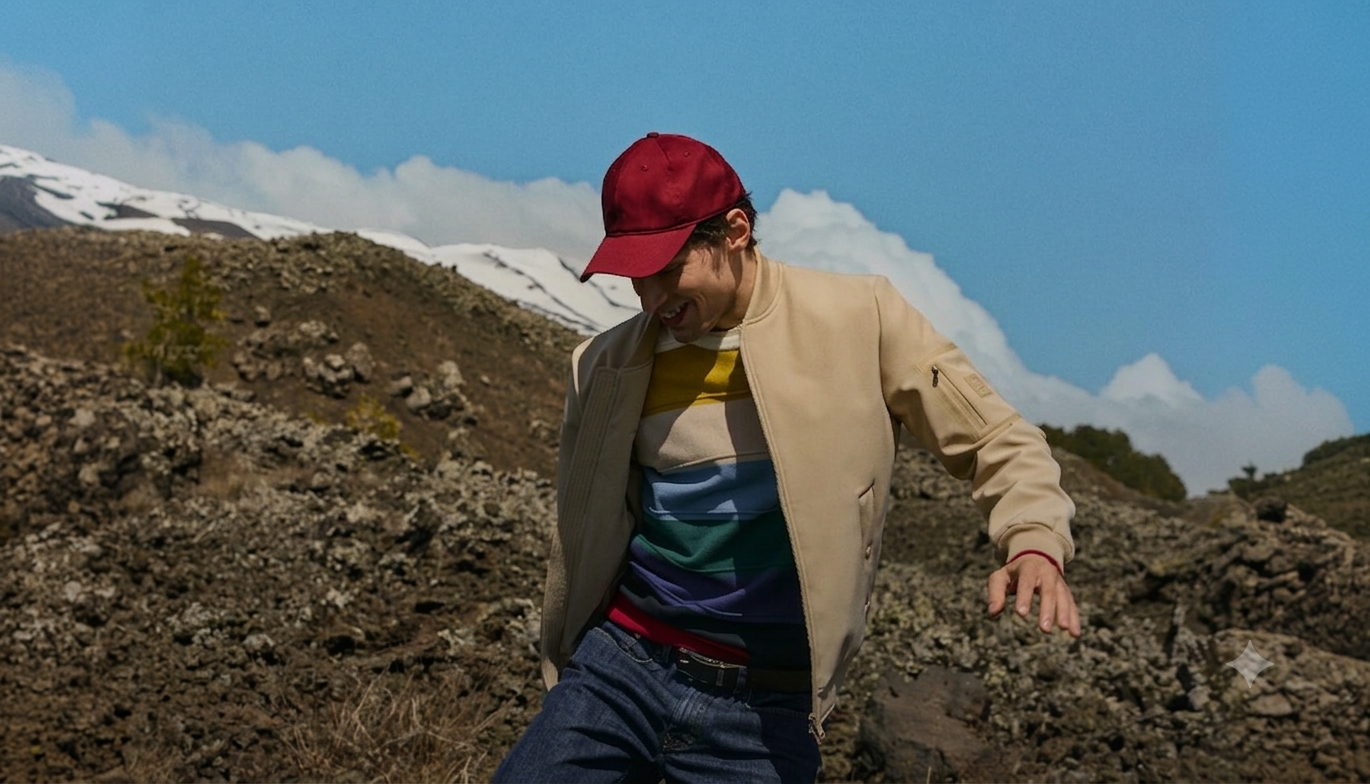 In uno scenario vulcanico e montano sotto un cielo limpido, un uomo si muove con spensieratezza vestendo la collezione preview Uomo Autunno/Inverno 2026. Sorridente e catturato in un gesto dinamico, indossa un cappellino rosso bordeaux, un bomber aperto color sabbia e una maglia a righe orizzontali dai toni senape, azzurro, verde foresta, viola e bordeaux, abbinata a jeans blu scuro. Sullo sfondo, il terreno di roccia lavica scura contrasta con le cime innevate e le nuvole bianche in lontananza.