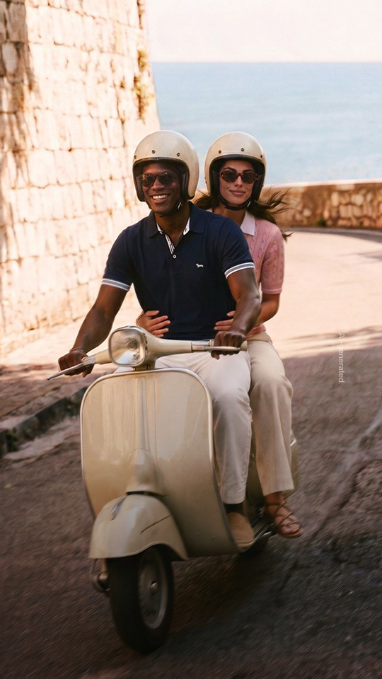 Promotional image focused on sales (generated with Artificial Intelligence): A smiling man and woman ride a vintage light-colored scooter along a scenic uphill road, bordered by ancient stone walls with the sea in the background. Both are wearing helmets and casual summer outfits: he wears a dark blue polo shirt and light-colored trousers, while she wears a pink top and light-colored trousers.