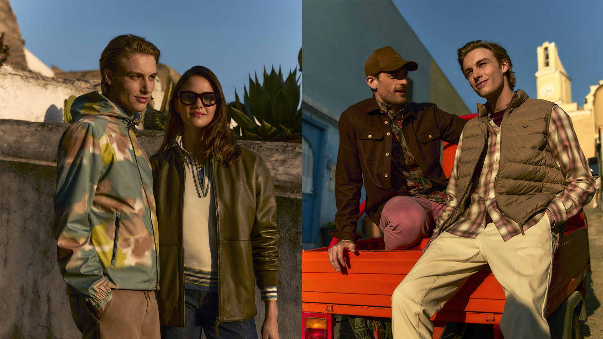 Un hombre en chaqueta de camuflaje junto a una mujer en cazadora de cuero, y dos hombres con looks casual de otoño con camisa de cuadros y chaleco acolchado beige sentados en una furgoneta naranja.