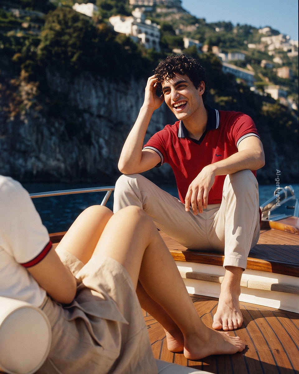 promotional image focused on men's polo shirts (generated with artificial intelligence): on board a boat along a rocky coast, a smiling man with curly brown hair sits barefoot on the wooden deck. he wears a deep red short-sleeved polo shirt with a dark blue collar and sleeve cuffs trimmed with a white stripe, paired with light beige trousers. in the foreground, the legs of a woman sitting opposite him are visible.