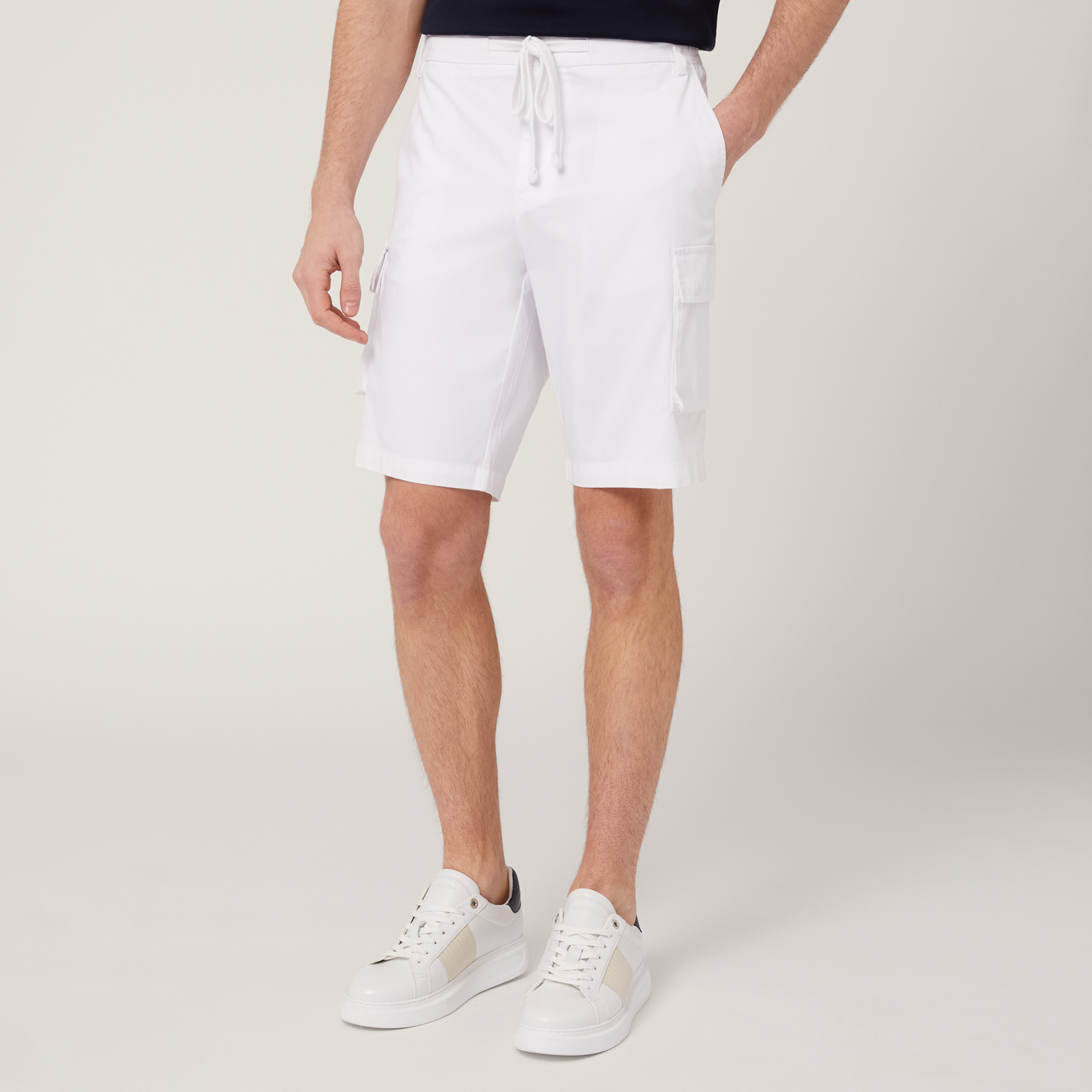 Stretch Cotton Cargo Bermuda Shorts, White, large
