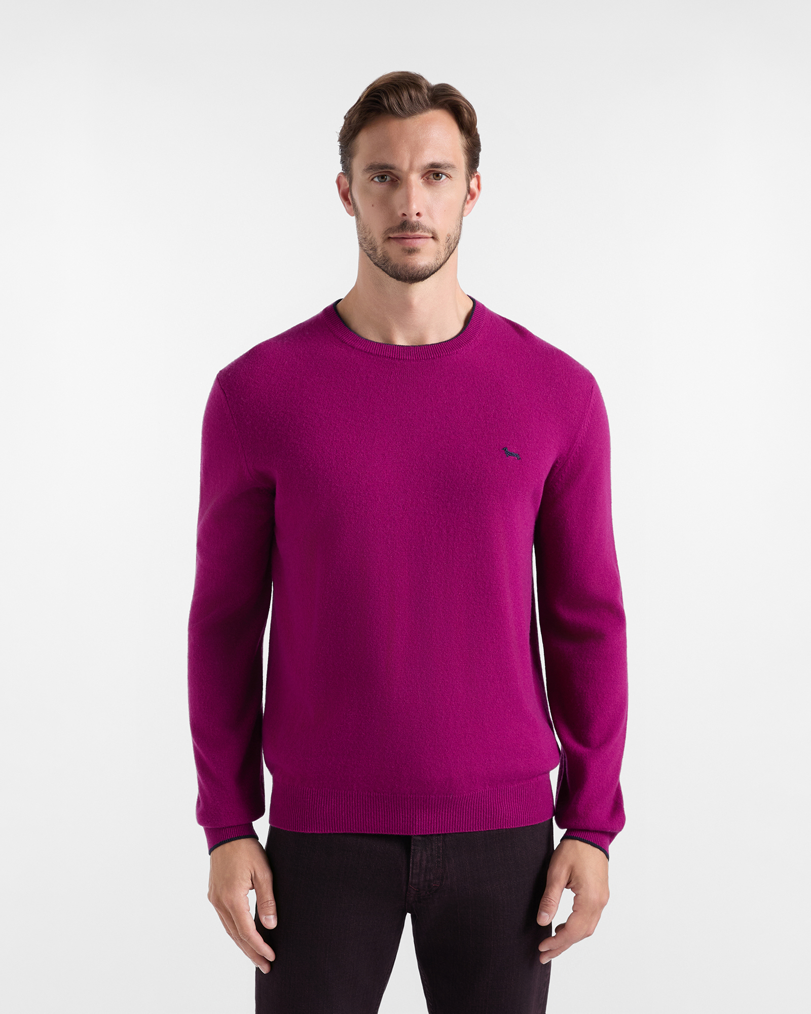 Men's crewneck sweater with contrasting trim in a fuchsia wool and cashmere blend with regular fit