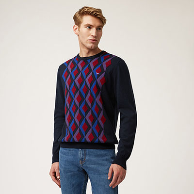 Wool And Cotton Crew-Neck Pullover With Argyle Pattern