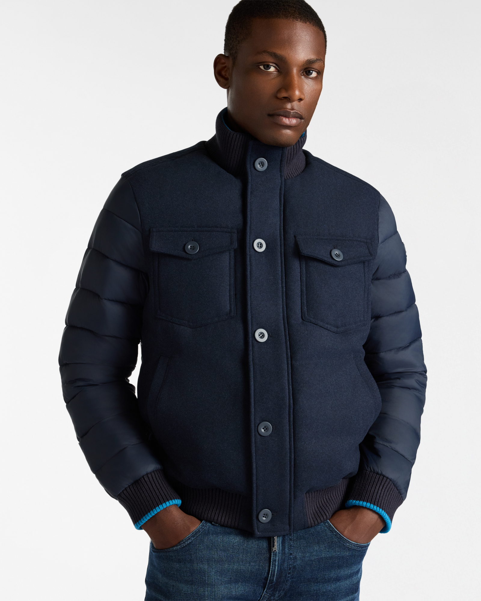 Padded Bomber Jacket in Nylon and Wool with Knitted Collar