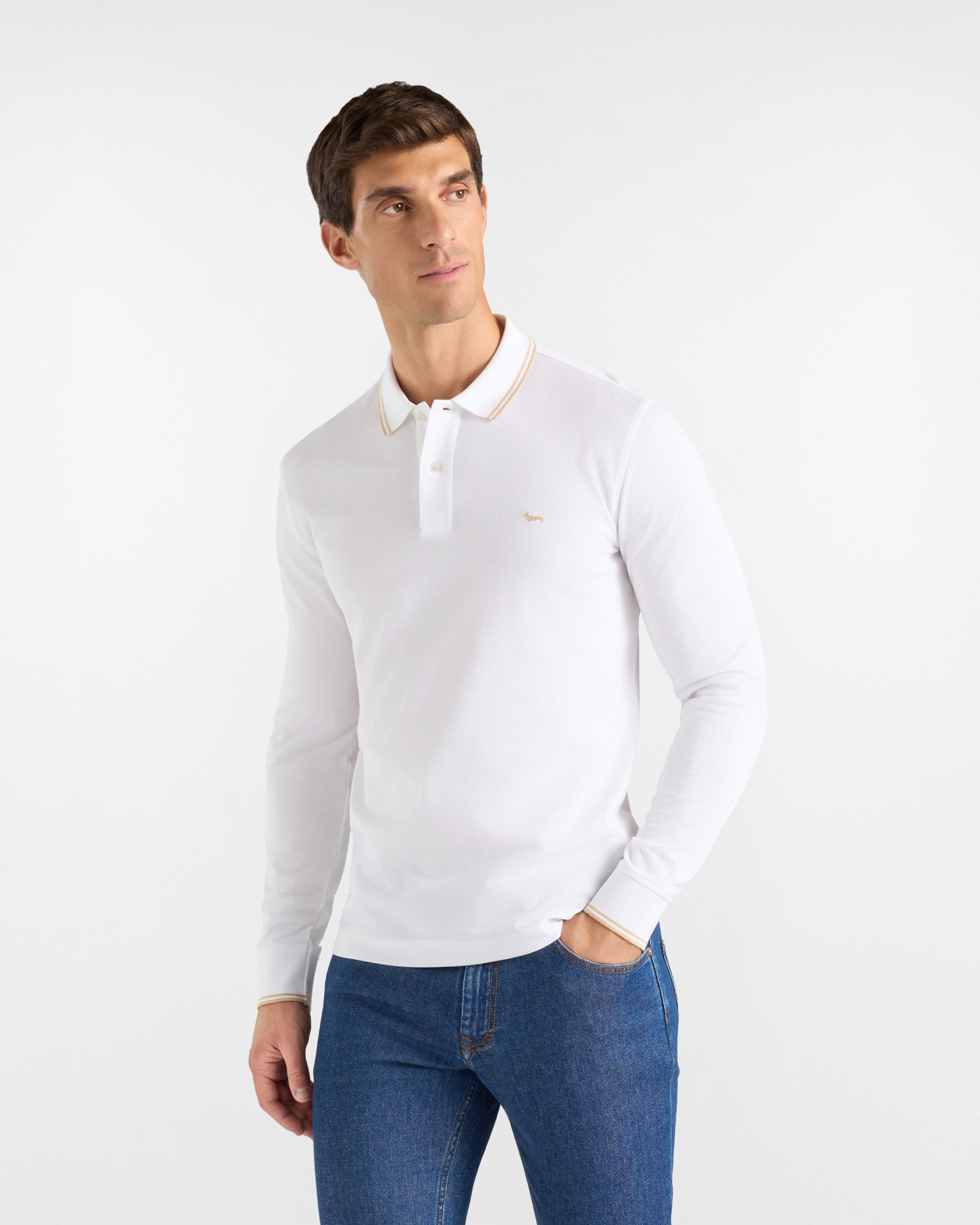 Men's long-sleeve white 100% pure cotton piqu&eacute; polo shirt