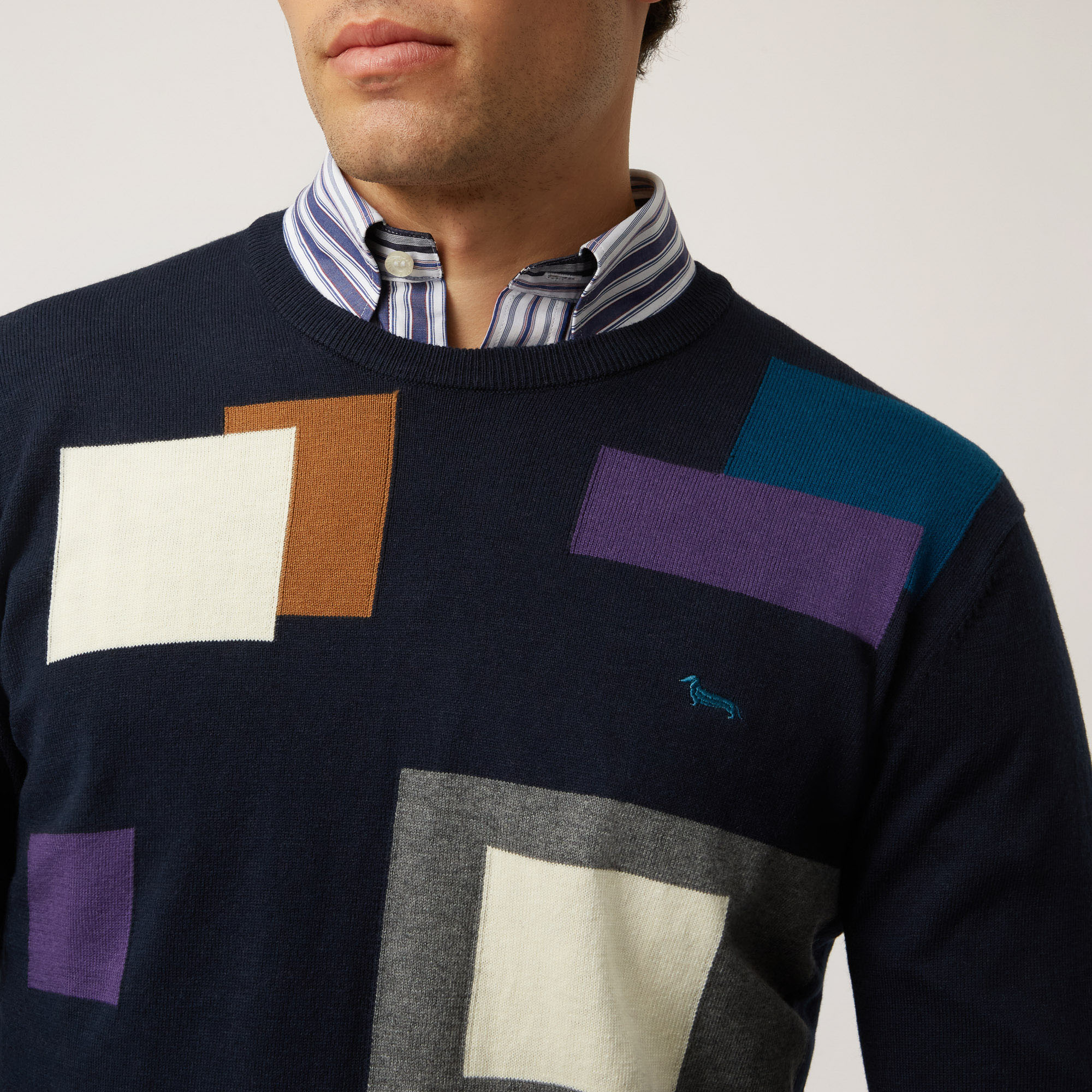 Pullover Girocollo In Lana E Cotone Con Dettagli Geometrici, Blu Navy, large image number 2